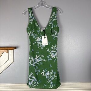 Rolla Coster Green Floral V-Neck Mini Dress with Blue & White Accents